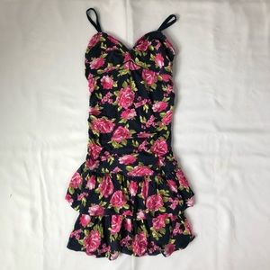 Fitted Rose Print Ruched Tiered Comfortable Dress